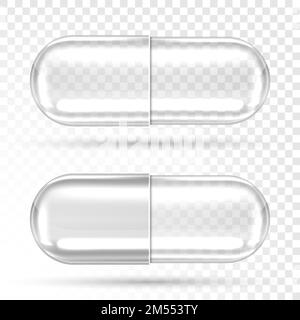 Empty pill capsules isolated on transparent background. Vector realistic mockup of pharmaceutical capsule, medical tablet, antibiotic or herbal drug. Closed clear glass or plastic cylinder Stock Vector