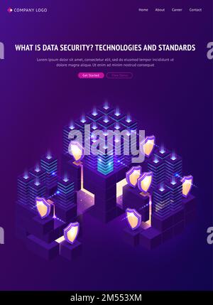 Cyber data security isometric landing page. Computing internet digital technology, blockchain, database protection. Server room protected with shields from outer hacker access, 3d vector web banner Stock Vector
