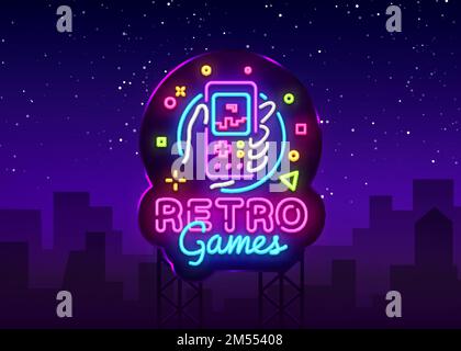 Retro Games Vector Logo. Retro geek gaming gamepad in hand neon sign ...