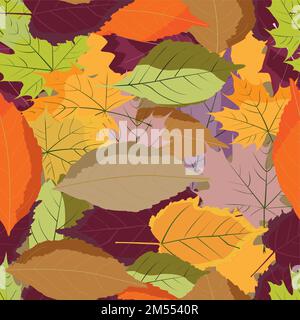 Seamless pattern with many colorful leaves composition; vector illustration for colorful prints autumnal colors Stock Vector