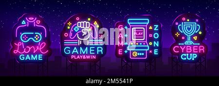 Video Game neon sign collection vector. Conceptual Logos, Love Game, Gamer logo, Game Zone, Cyber sport Emblem in Modern Trend Design, Vector Template Stock Vector