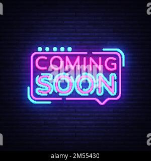 Coming Soon Neon Sign Vector. Coming Soon Badge in neon style, design element, light banner, announcement neon signboard, night neon advensing. Vector Stock Vector