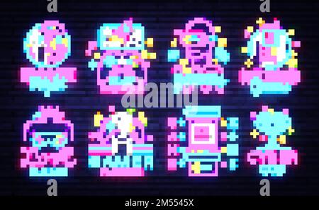 Big Collection Video Games Logos Vector Conceptual Neon Signs. Video Games Emblems Design Template, modern trend design, bright vector illustration, p Stock Vector