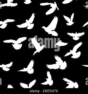 White pigeon silhouettes on black background seamless pattern ; monochrome pattern with birds Stock Vector