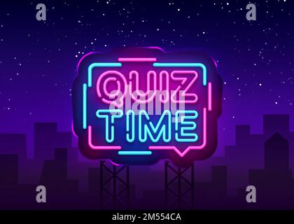 Quiz Time announcement poster neon signboard vector. Pub Quiz vintage styled neon glowing letters shining, Light Banner, Questions team game.Vector il Stock Vector