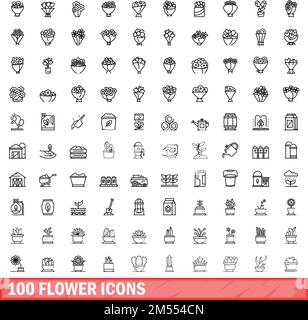 100 flower icons set. Outline illustration of 100 flower icons vector set isolated on white background Stock Vector