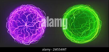 Electric balls, lightning circle strike, plasma spheres purple and green colors. Powerful electrical discharge, magical energy flash isolated on black background, Realistic 3d vector illustration Stock Vector