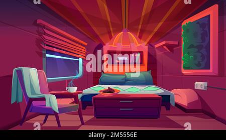 Camper interior with bed, bookshelves, chair and nightstand. Empty modern trailer car at night. Vector cartoon bedroom in camping van with cozy furniture. Minibus for travel and vacation inside Stock Vector