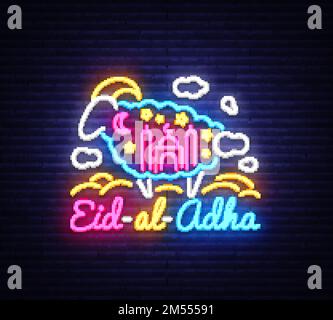 Muslim holiday Eid al-Adha holiday vector illustration. Eid al-Adha neon sign design template, modern trend design, light banner. Graphic design decor Stock Vector