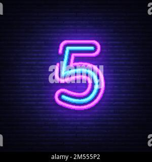 Number Five symbol neon sign vector. Number Five template neon icon, light banner, neon signboard, nightly bright advertising, light inscription. Vect Stock Vector