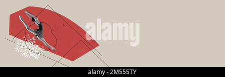 Creative art collage. Tender young ballerina performing over grey background with red element. Flyer image Stock Photo