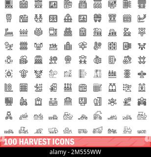 100 harvest icons set. Outline illustration of 100 harvest icons vector set isolated on white background Stock Vector