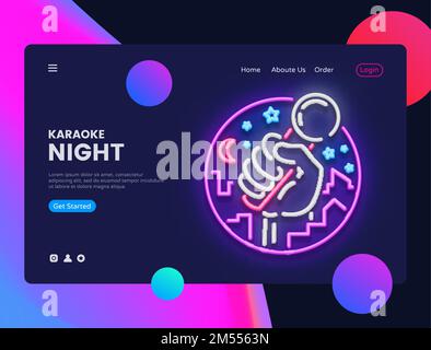 Karaoke Neon Horizontal Web Banner Vector. Live Music Advertising banner web interface in modern trend design, neon style, bright night advertising, d Stock Vector