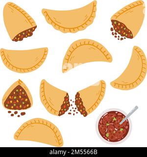 Empanadas in cartoon flat style. Hand drawn vector illustration of traditional Latino America food, folk cuisine. Stock Vector
