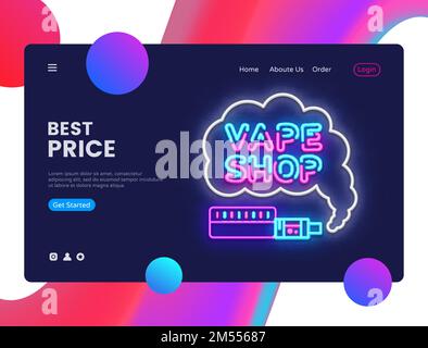Vape Shop design template vector. Vaping web banner interface, Neon sign, modern trend design, neon style web banner, bright neon advertising. Vector Stock Vector