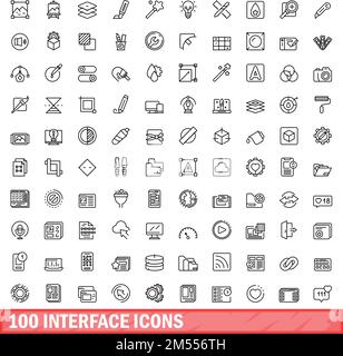 100 interface icons set. Outline illustration of 100 interface icons vector set isolated on white background Stock Vector