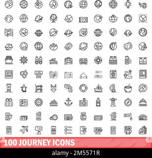 100 journey icons set. Outline illustration of 100 journey icons vector set isolated on white background Stock Vector