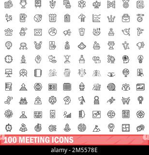 100 meeting icons set. Outline illustration of 100 meeting icons vector set isolated on white background Stock Vector