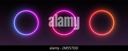 Neon circle frames, gradient glowing round borders, isolated UI elements. Futuristic avatar frames for game interface Stock Vector