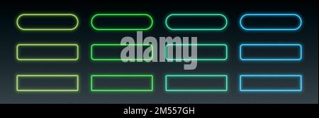 Neon button frames, coloful glowing borders, isolated UI elements. Stock Vector