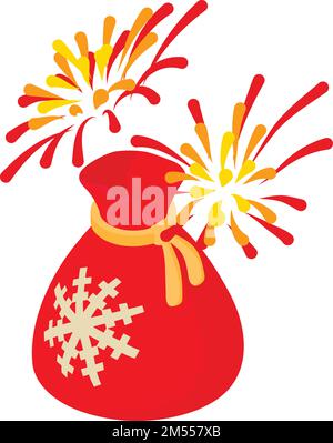 Winter holiday icon isometric vector. Big red santa sack under new year firework. Celebration, meeting new year Stock Vector