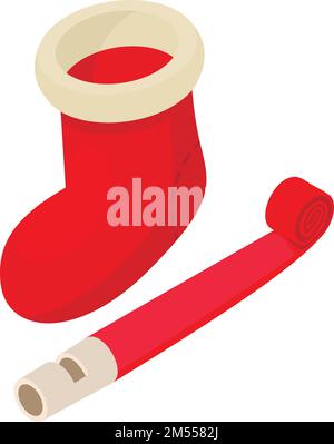 Christmas tradition icon isometric vector. Red blower whistle and christmas sock. Celebration symbol, holiday accessory Stock Vector