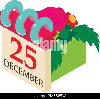 Catholic christmas icon isometric vector. Calendar and flower bouquet on giftbox. Religious holiday, event Stock Vector