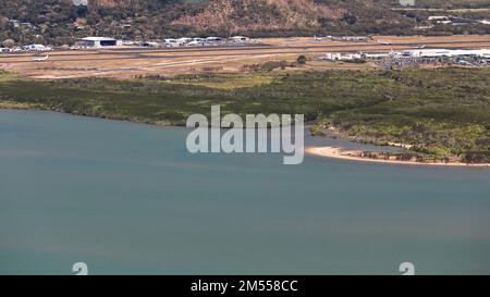 346 Airview of Cairns Airport in the Aeroglen urban suburb. Cairns-Australia. Stock Photo