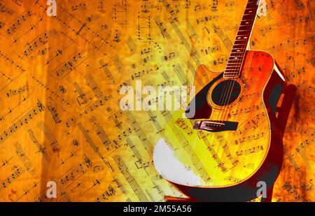 musical notes wrap around a classic guitar in an old attic Stock Photo