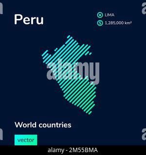 Map of Peru. Vector creative digital neon flat line art abstract simple map with green, mint, turquoise striped texture on dark blue background. Educa Stock Vector