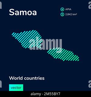 Vector creative digital neon flat line art abstract simple map of Samoa with green, mint, turquoise striped texture on dark blue background. Education Stock Vector