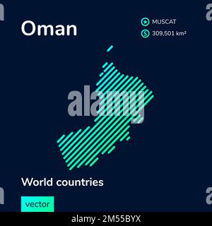 Map of Oman. Vector creative digital neon flat line art abstract simple map with green, mint, turquoise striped texture on dark blue background. Educa Stock Vector