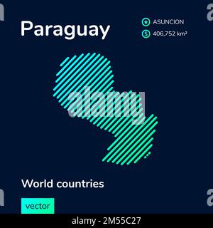 Vector creative digital neon flat line art abstract simple map of Paraguay with green, mint, turquoise striped texture on dark blue background. Educat Stock Vector