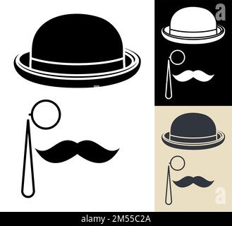 European man icon with mustache in bowler hat and pince nez. Detective or banker in traditional European headdress. Simple black and white vector isol Stock Vector