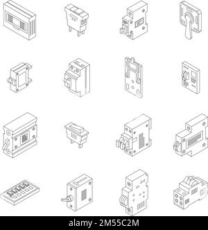 Breaker switch icons set. Isometric set of breaker switch vector icons for web design isolated on white background outline Stock Vector