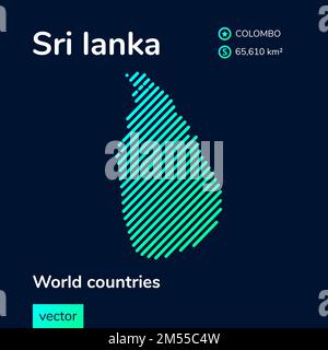 Vector creative digital neon flat line art abstract simple map of Sri Lanka with green, mint, turquoise striped texture on dark blue background. Educa Stock Vector