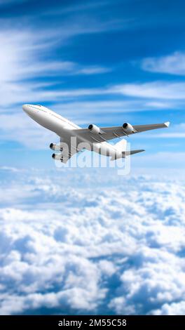 3D Illustration. 3D Rendering. Vertical White and blue passenger airplane flying in the blue sky amazing clouds in the background - Travel by air. Stock Photo