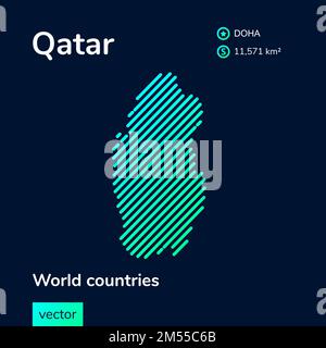 Map of Qatar. Vector creative digital neon flat line art abstract simple map with green, mint, turquoise striped texture on dark blue background. Educ Stock Vector
