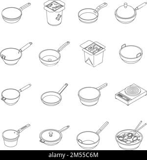 Wok frying pan icons set. Isometric set of wok frying pan vector icons for web design isolated on white background outline Stock Vector