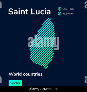 Map of Saint Lucia. Vector creative digital neon flat line art abstract simple map with green, mint, turquoise striped texture on dark blue background Stock Vector