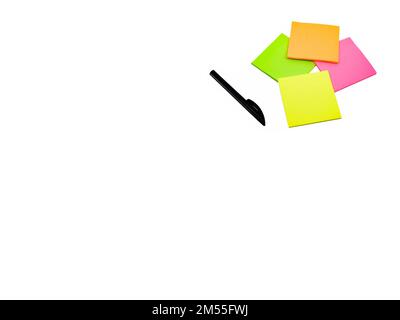 Black pen and sticky note sheets in dayglo colours on a plain white background. Copy space. Stock Photo