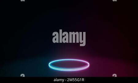 Neon colored glowing circle frame lying in darkness, 3d rendering. Ultraviolet eclipse stage with electronic backlight on floor. Colorful ring or disk Stock Photo