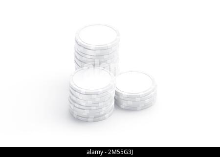 Blank white plastic round chip mockup stack, side view, 3d rendering. Empty currency coin or slot for gambling club mock up, isolated. Clear stacked t Stock Photo