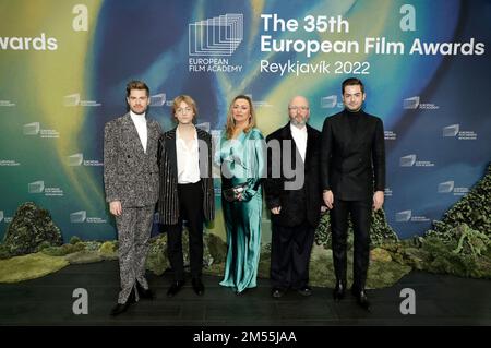 Lukas Dhont, Eden Dambrine, Guest, Angelo Tijssens and Michiel Dhont attending the 35th European Film Awards 2022 at Harpa Conference and Concert Hall on December 10, 2022 in Reykjavik, Iceland. Stock Photo