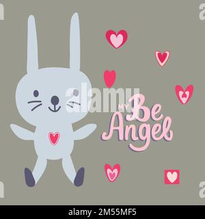Cute bunny with hand drawn hearts and lettering Be My Angel Stock Vector