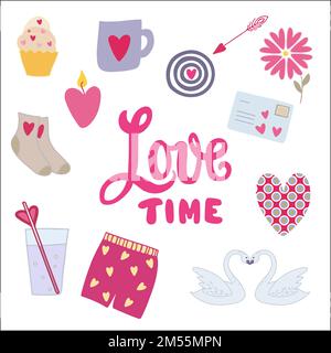Hand drawn lettering Love Time with Valentines day symbols. Stock Vector