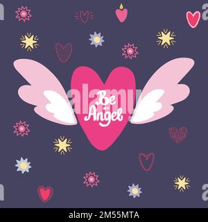 Flying heart, heart with wings and hand drawn lettering Be My Angel. Stock Vector