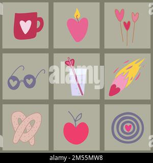 Collection of square cards with hand drawn different Valentines day symbols. Checkered seamless pattern. Stock Vector