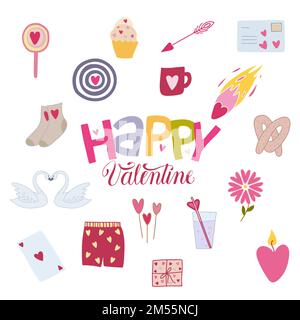 Set of Valentines day symbols and hand lettering Happy Valentine. Stock Vector