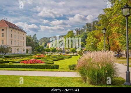 Garden and park in autumn of Rogaska Slatina Thermal water cure place, spa in Slovenia in South Styria Stock Photo
